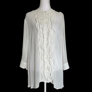 Maeve Anthropologie Women's White Ruffle Front Button-Down Top Sheer Size XL